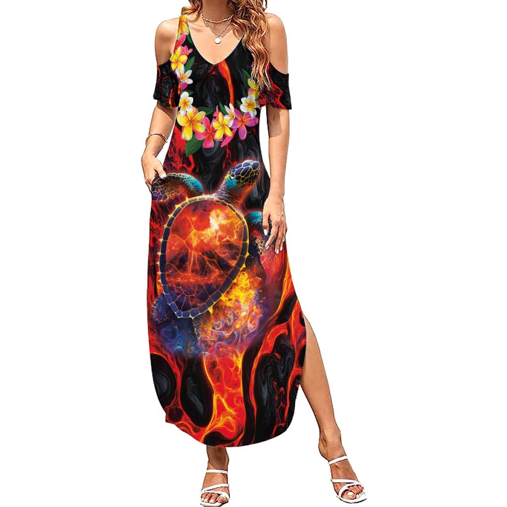 Hawaiian Turtle with Volcanic Eruption Summer Maxi Dress Hibiscus Lei and Lava Flow an Abstract Texture LT03 Women Black - Polynesian Pride