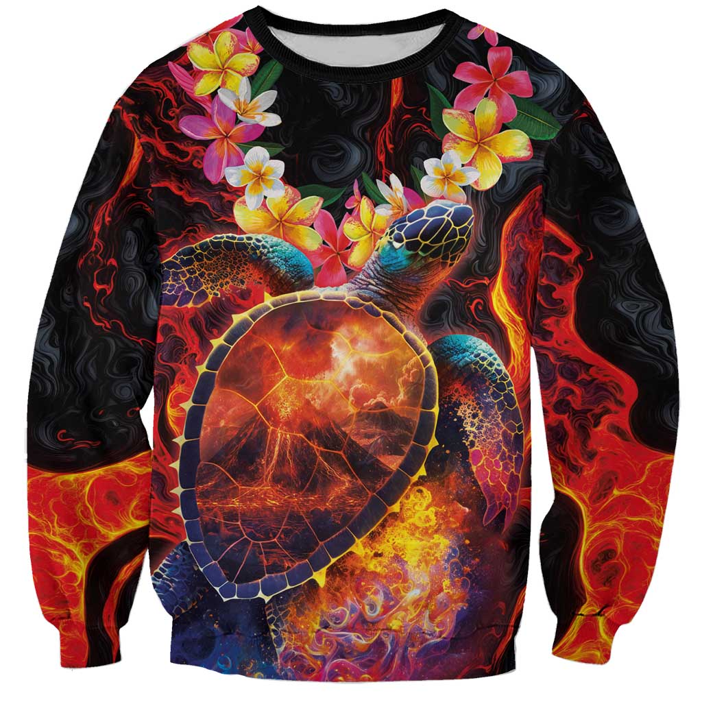 Hawaiian Turtle with Volcanic Eruption Sweatshirt Hibiscus Lei and Lava Flow an Abstract Texture LT03 Unisex Black - Polynesian Pride