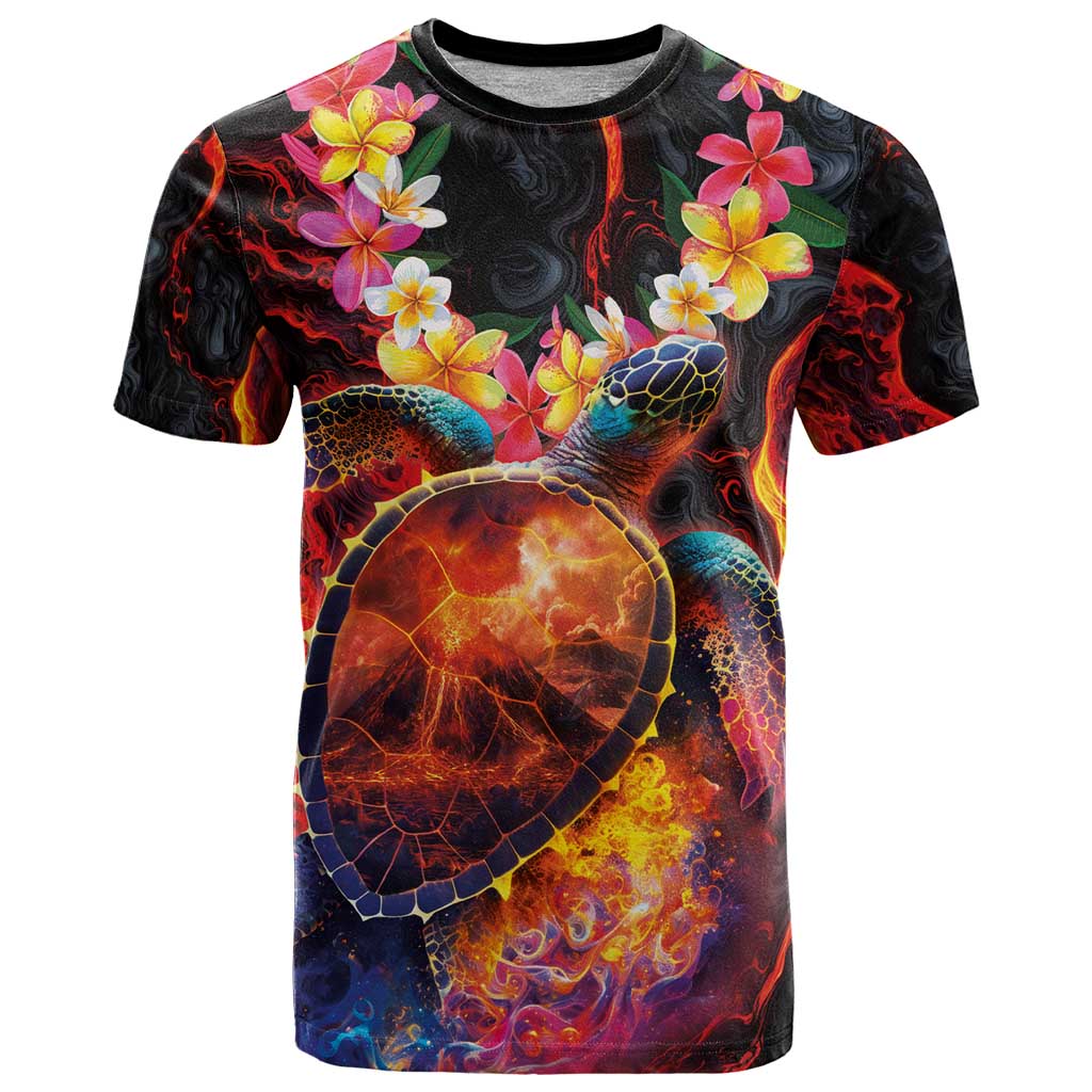 Hawaiian Turtle with Volcanic Eruption T Shirt Hibiscus Lei and Lava Flow an Abstract Texture LT03 Black - Polynesian Pride