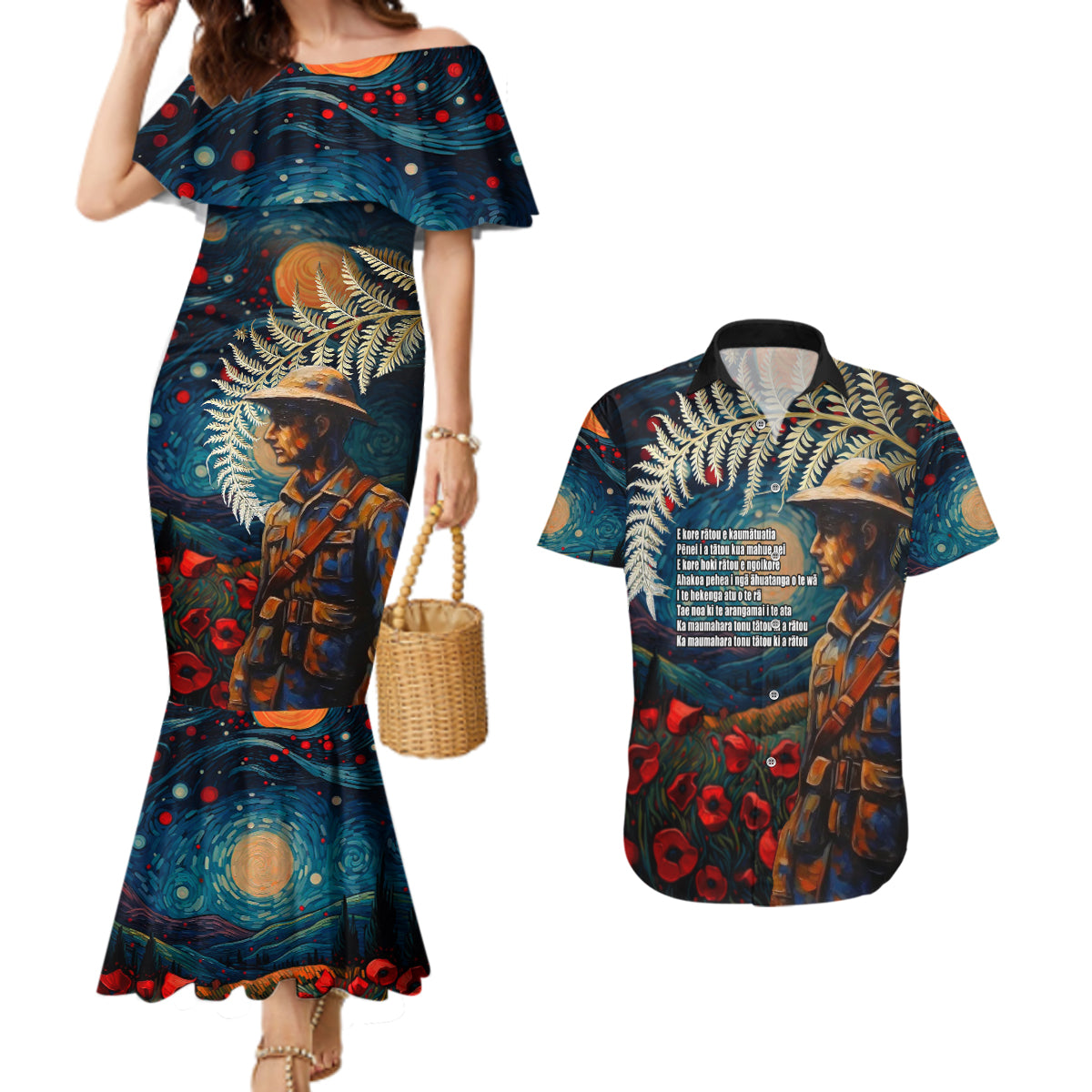 New Zealand Soldier ANZAC Day Couples Matching Mermaid Dress and Hawaiian Shirt Silver Fern Starry Night Style LT03 Blue - Polynesian Pride