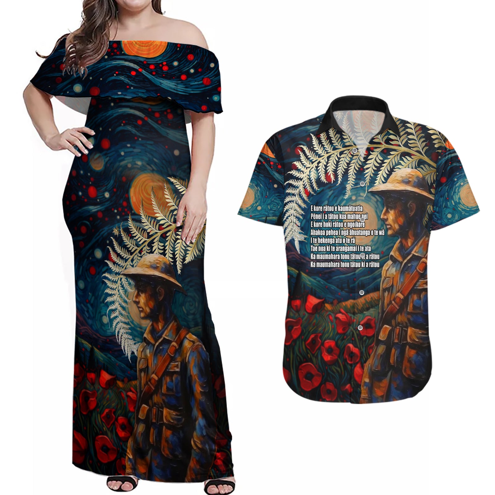 New Zealand Soldier ANZAC Day Couples Matching Off Shoulder Maxi Dress and Hawaiian Shirt Silver Fern Starry Night Style LT03 Blue - Polynesian Pride