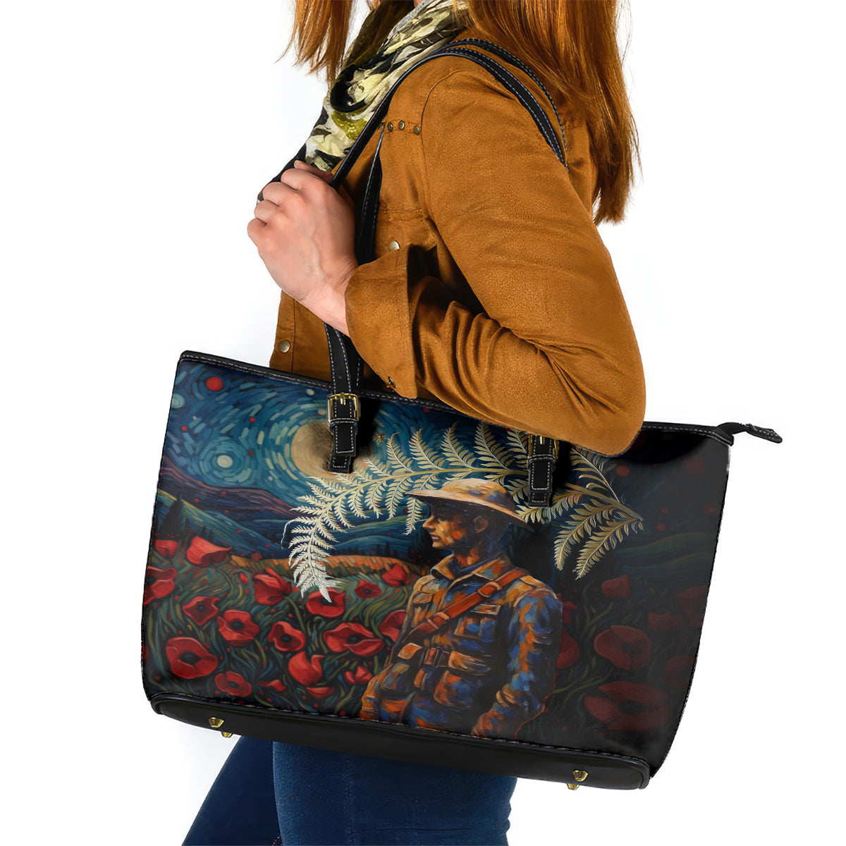 New Zealand Soldier ANZAC Day Leather Tote Bag Silver Fern Starry Night Style LT03 Blue - Polynesian Pride