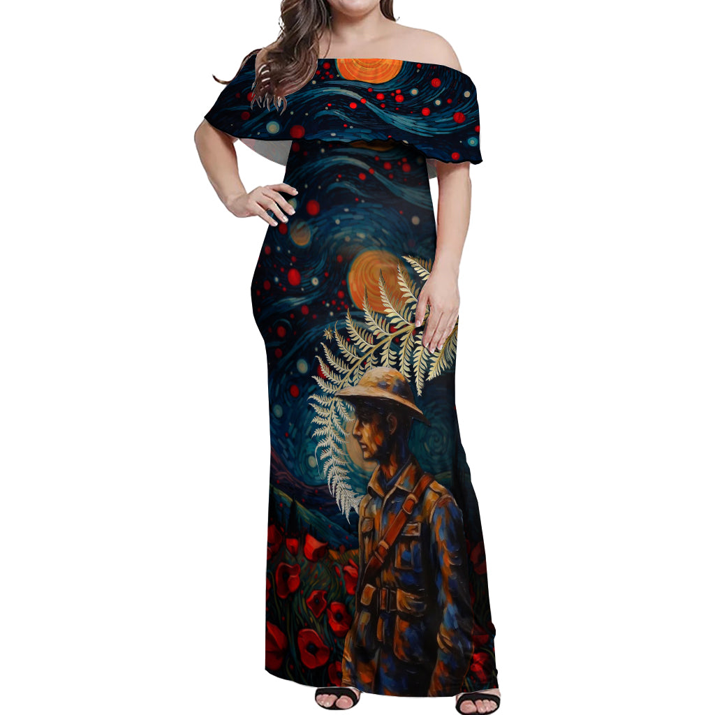 New Zealand Soldier ANZAC Day Off Shoulder Maxi Dress Silver Fern Starry Night Style LT03 Women Blue - Polynesian Pride