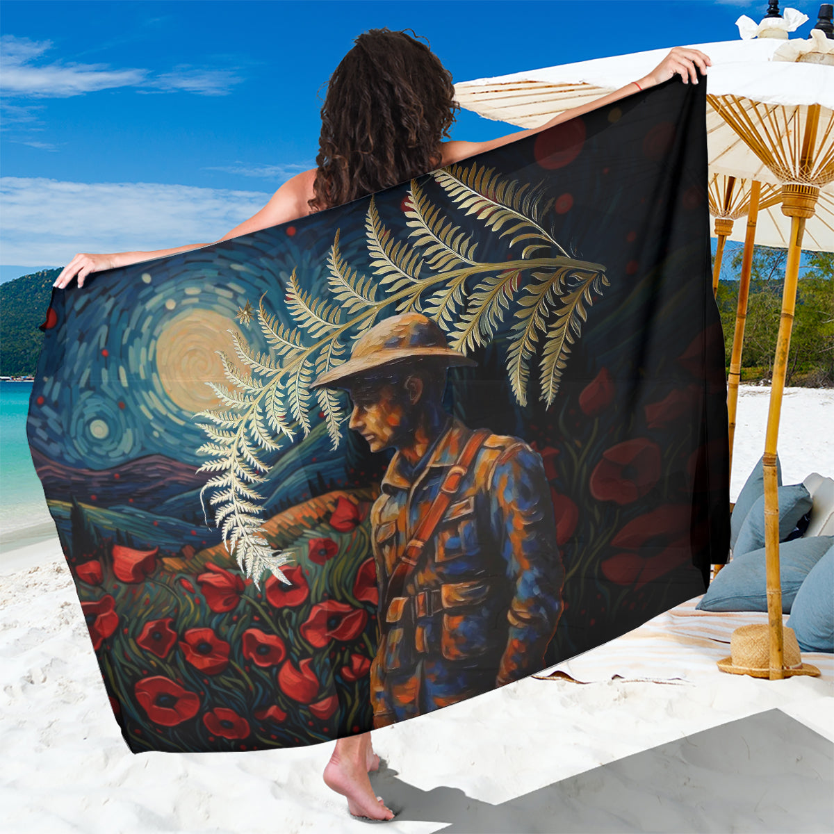 New Zealand Soldier ANZAC Day Sarong Silver Fern Starry Night Style LT03 One Size 44 x 66 inches Blue - Polynesian Pride