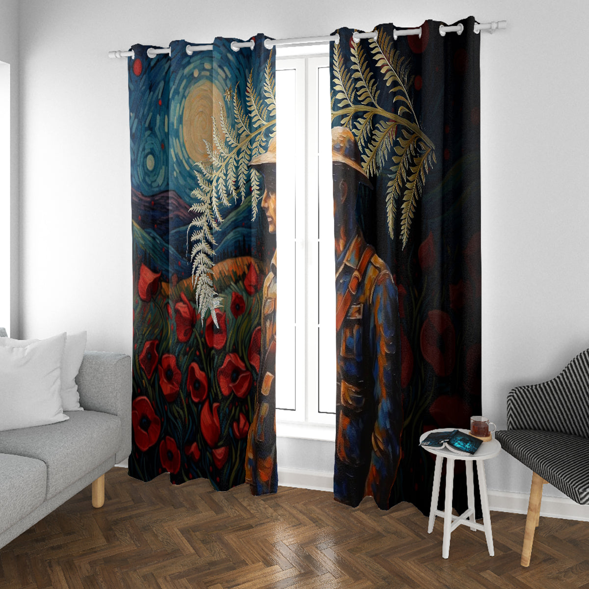 New Zealand Soldier ANZAC Day Window Curtain Silver Fern Starry Night Style LT03 With Grommets Blue - Polynesian Pride