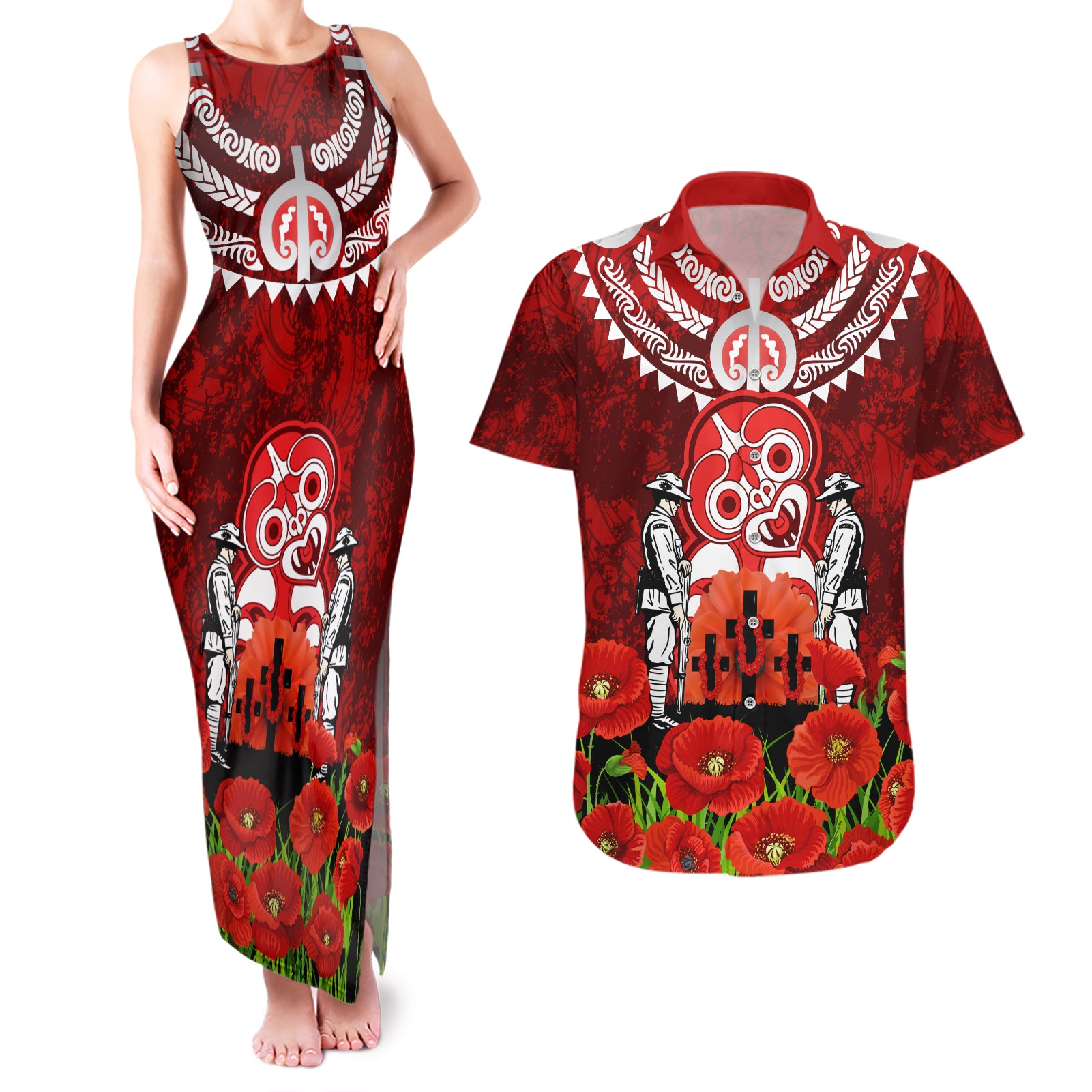 New Zealand ANZAC Waitangi Day Couples Matching Tank Maxi Dress and Hawaiian Shirt Hei Tiki and Soldier LT03 Red - Polynesian Pride