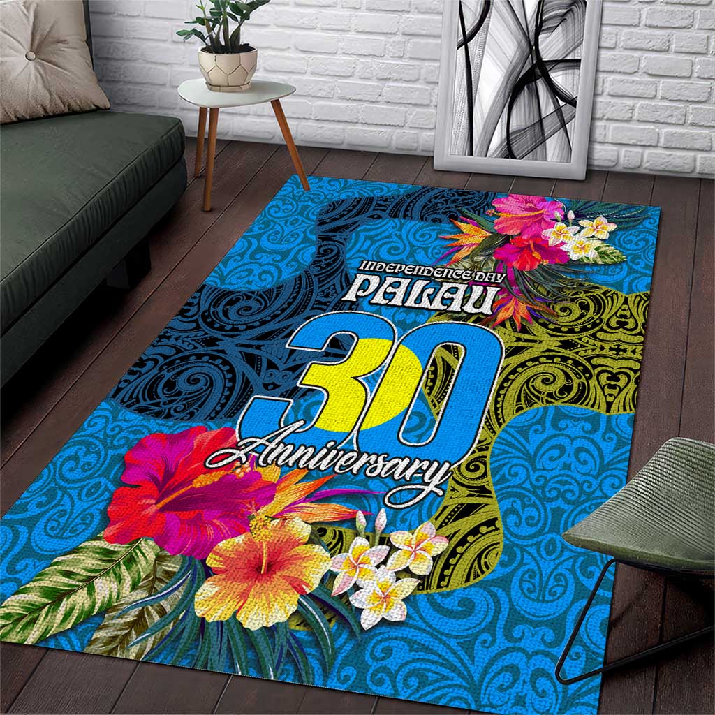 Palau Independence Day Area Rug 1st October 30th Anniversary Polynesian Jungle Flower LT03 Blue - Polynesian Pride