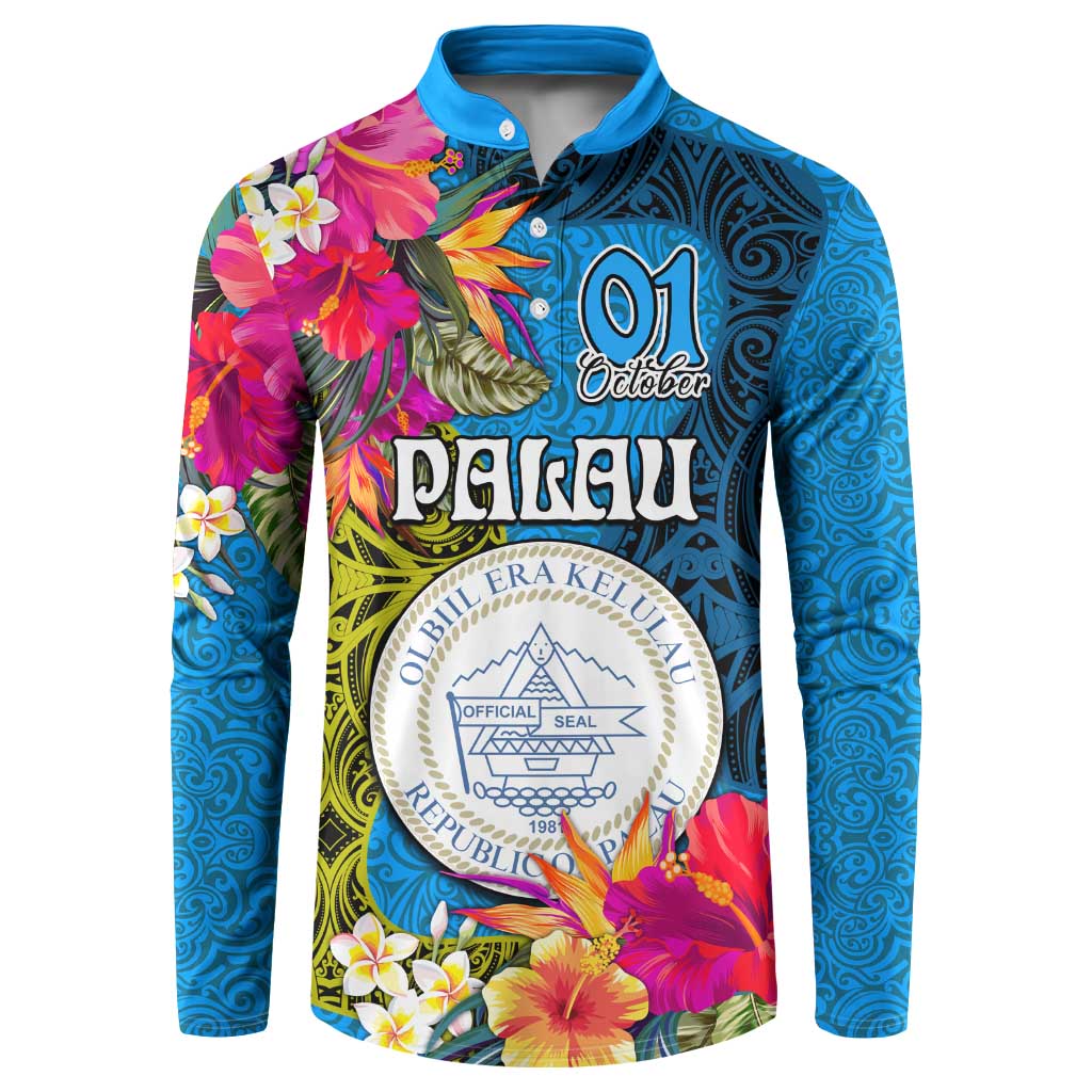Palau Independence Day Button Sweatshirt 1st October 30th Anniversary Polynesian Jungle Flower LT03 Blue - Polynesian Pride