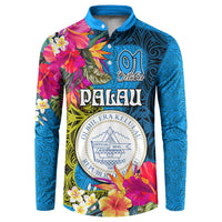 Palau Independence Day Button Sweatshirt 1st October 30th Anniversary Polynesian Jungle Flower LT03 Blue - Polynesian Pride