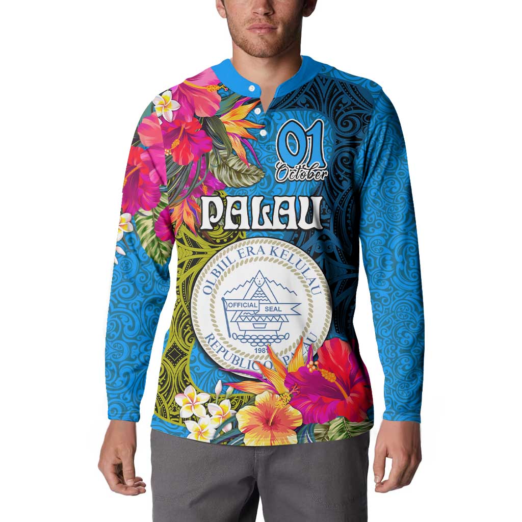 Palau Independence Day Button Sweatshirt 1st October 30th Anniversary Polynesian Jungle Flower LT03 - Polynesian Pride