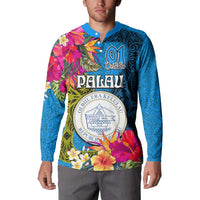 Palau Independence Day Button Sweatshirt 1st October 30th Anniversary Polynesian Jungle Flower LT03 - Polynesian Pride