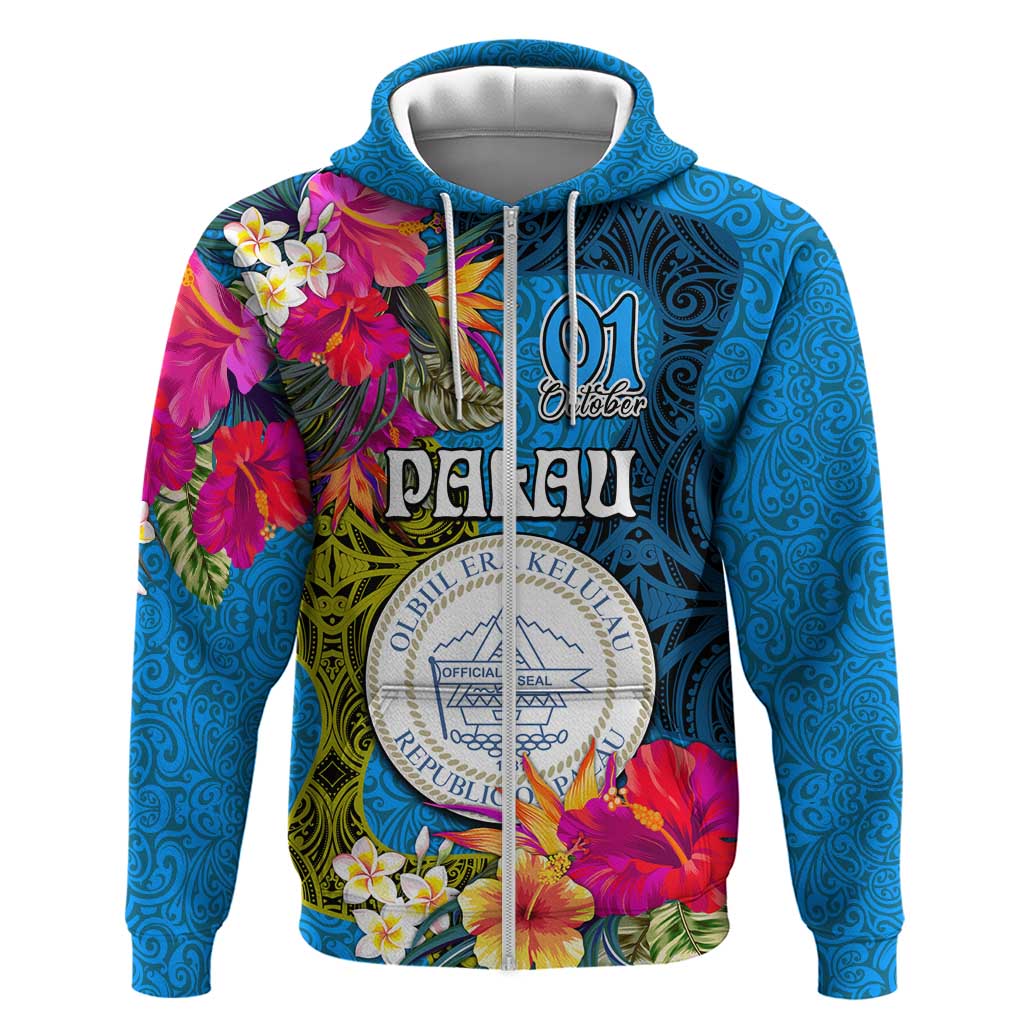Palau Independence Day Hoodie 1st October 30th Anniversary Polynesian Jungle Flower LT03 Zip Hoodie Blue - Polynesian Pride