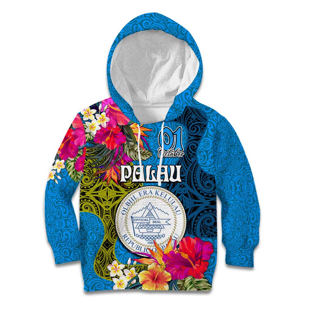 Palau Independence Day Kid Hoodie 1st October 30th Anniversary Polynesian Jungle Flower LT03 Hoodie Blue - Polynesian Pride
