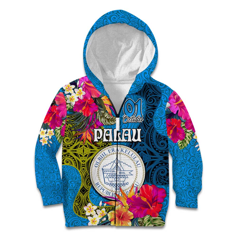 Palau Independence Day Kid Hoodie 1st October 30th Anniversary Polynesian Jungle Flower LT03 Zip Hoodie Blue - Polynesian Pride