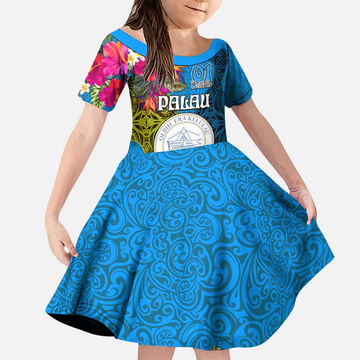 Palau Independence Day Kid Short Sleeve Dress 1st October 30th Anniversary Polynesian Jungle Flower LT03 KID Blue - Polynesian Pride
