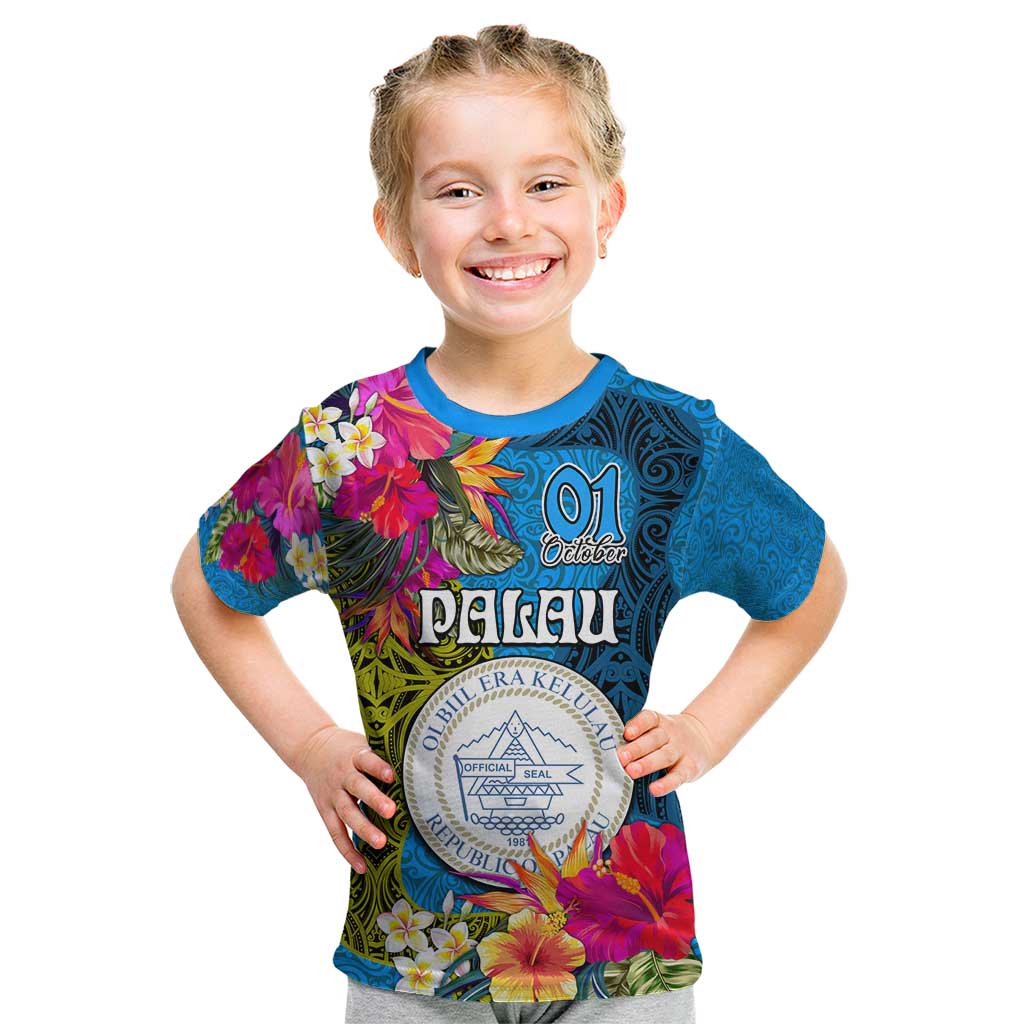 Palau Independence Day Kid T Shirt 1st October 30th Anniversary Polynesian Jungle Flower LT03 Blue - Polynesian Pride