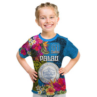 Palau Independence Day Kid T Shirt 1st October 30th Anniversary Polynesian Jungle Flower LT03 Blue - Polynesian Pride
