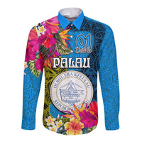 Palau Independence Day Long Sleeve Button Shirt 1st October 30th Anniversary Polynesian Jungle Flower LT03 Unisex Blue - Polynesian Pride