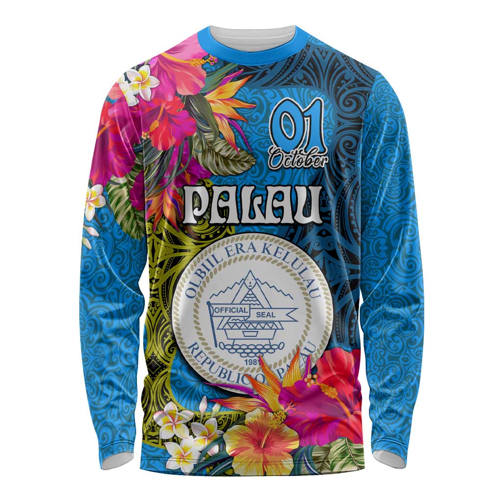 Palau Independence Day Long Sleeve Shirt 1st October 30th Anniversary Polynesian Jungle Flower LT03 Unisex Blue - Polynesian Pride