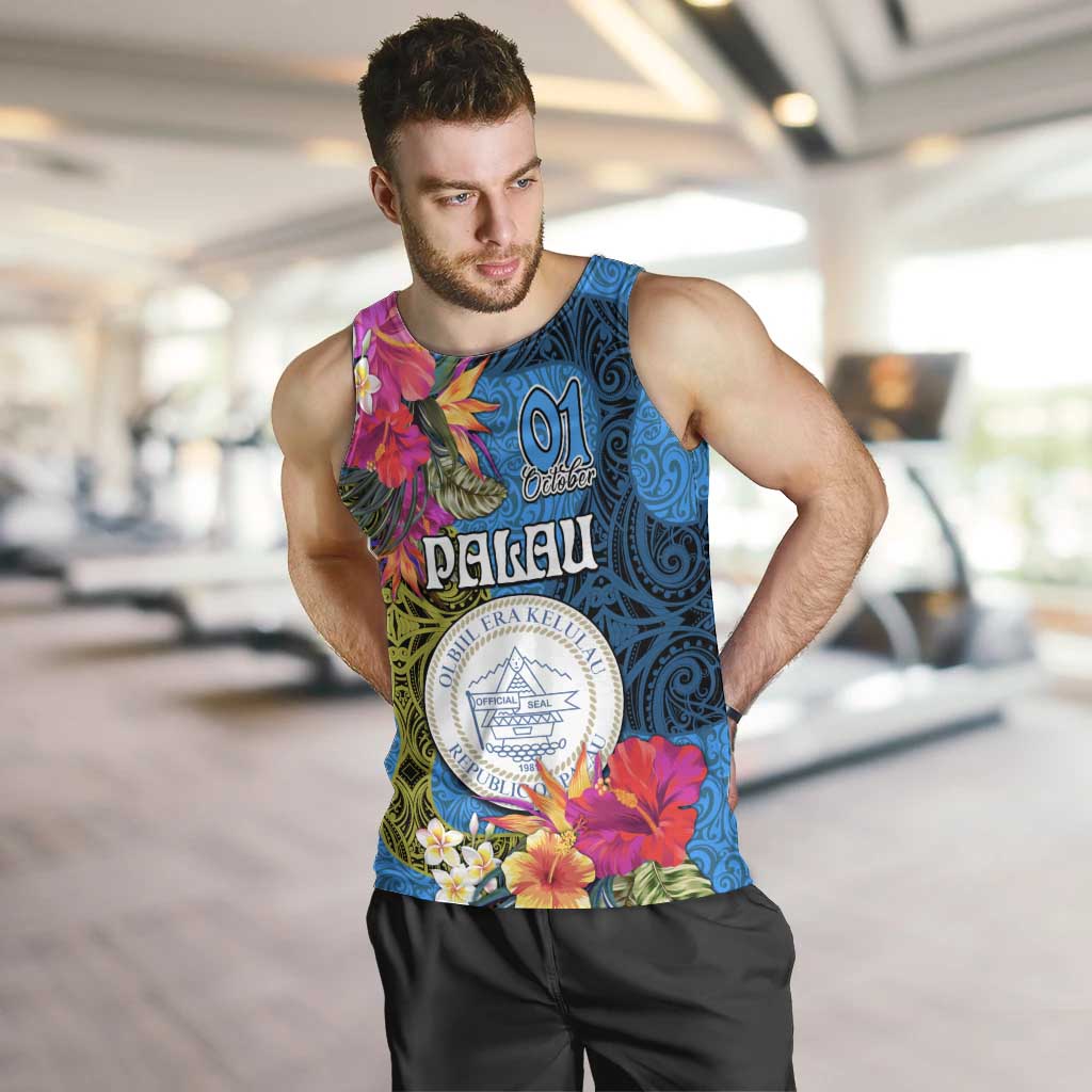 Palau Independence Day Men Tank Top 1st October 30th Anniversary Polynesian Jungle Flower LT03 Blue - Polynesian Pride