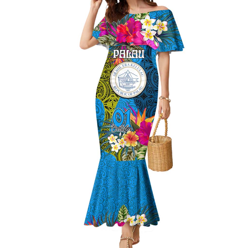 Palau Independence Day Mermaid Dress 1st October 30th Anniversary Polynesian Jungle Flower LT03 Women Blue - Polynesian Pride