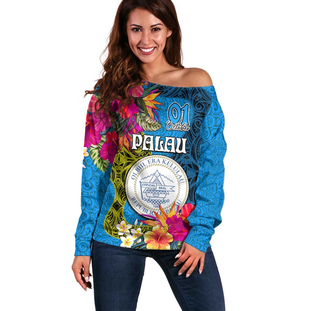 Palau Independence Day Off Shoulder Sweater 1st October 30th Anniversary Polynesian Jungle Flower LT03 Women Blue - Polynesian Pride