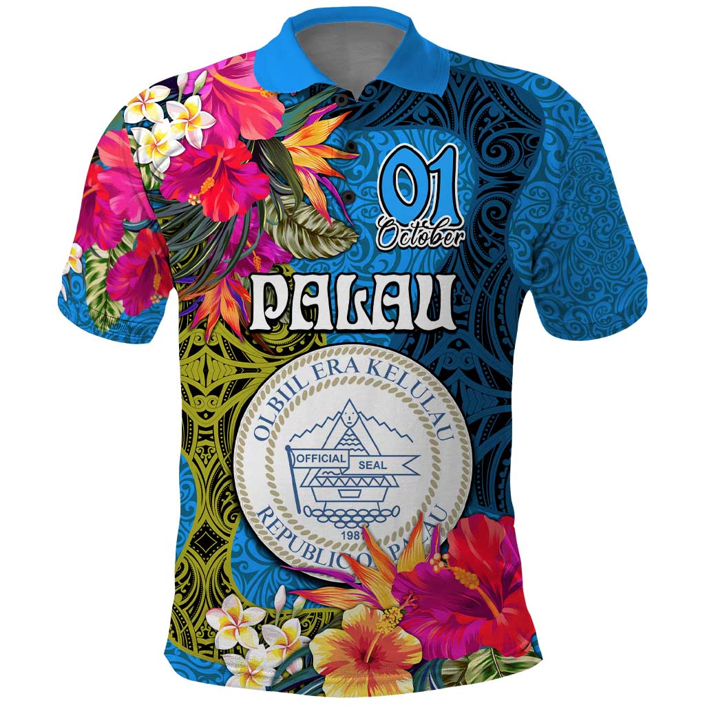 Palau Independence Day Polo Shirt 1st October 30th Anniversary Polynesian Jungle Flower LT03 Blue - Polynesian Pride