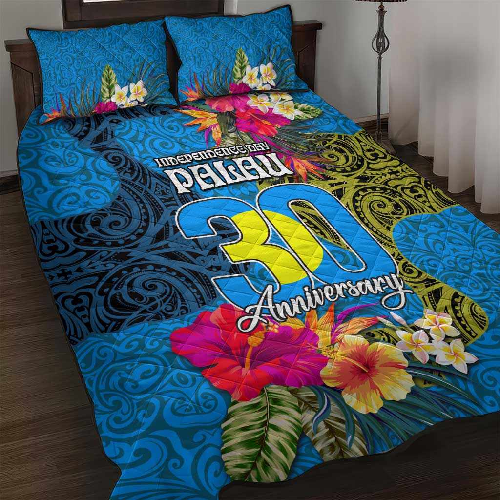 Palau Independence Day Quilt Bed Set 1st October 30th Anniversary Polynesian Jungle Flower LT03 Blue - Polynesian Pride