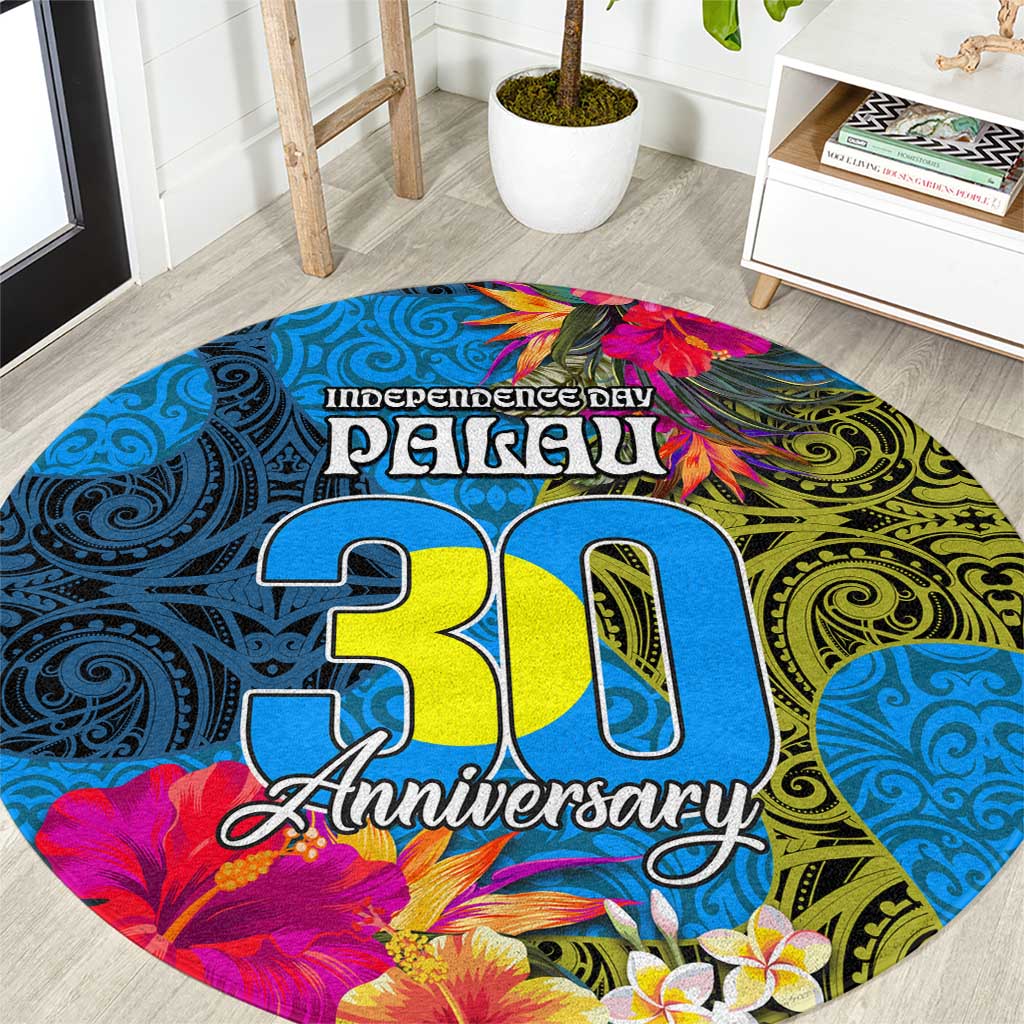 Palau Independence Day Round Carpet 1st October 30th Anniversary Polynesian Jungle Flower LT03 Blue - Polynesian Pride