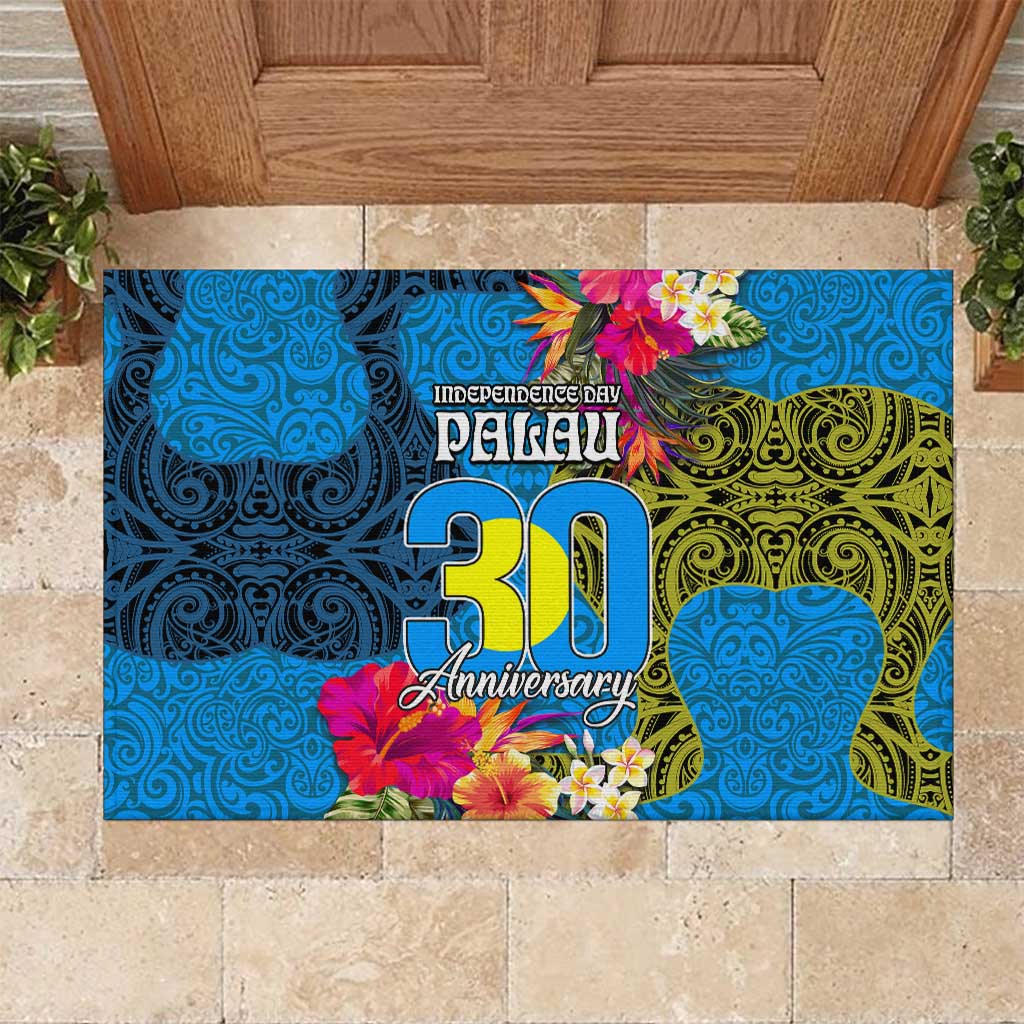 Palau Independence Day Rubber Doormat 1st October 30th Anniversary Polynesian Jungle Flower LT03 Blue - Polynesian Pride