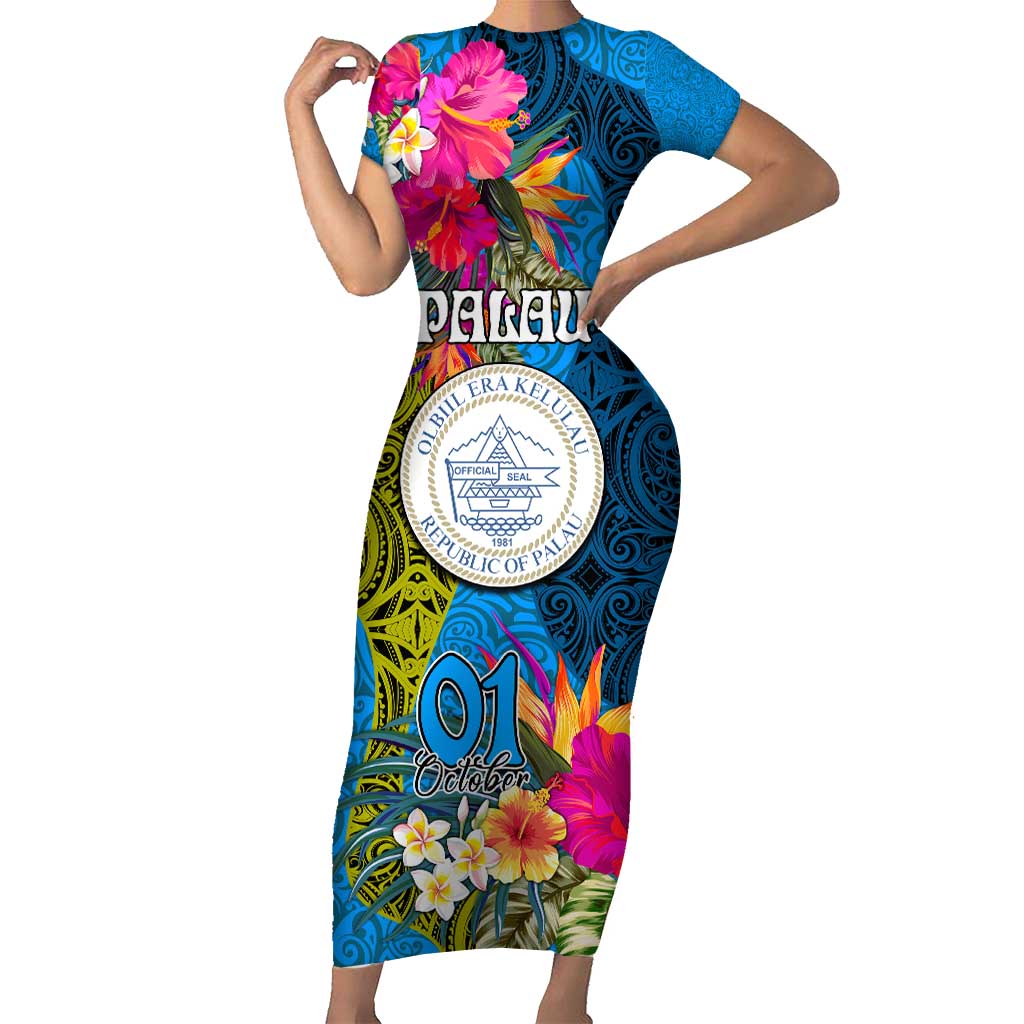 Palau Independence Day Short Sleeve Bodycon Dress 1st October 30th Anniversary Polynesian Jungle Flower LT03 Long Dress Blue - Polynesian Pride