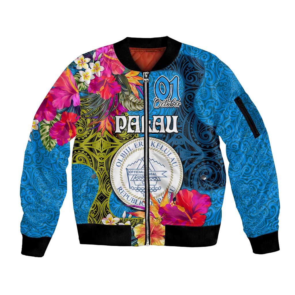 Palau Independence Day Sleeve Zip Bomber Jacket 1st October 30th Anniversary Polynesian Jungle Flower LT03 Unisex Blue - Polynesian Pride