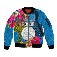 Palau Independence Day Sleeve Zip Bomber Jacket 1st October 30th Anniversary Polynesian Jungle Flower LT03 Unisex Blue - Polynesian Pride