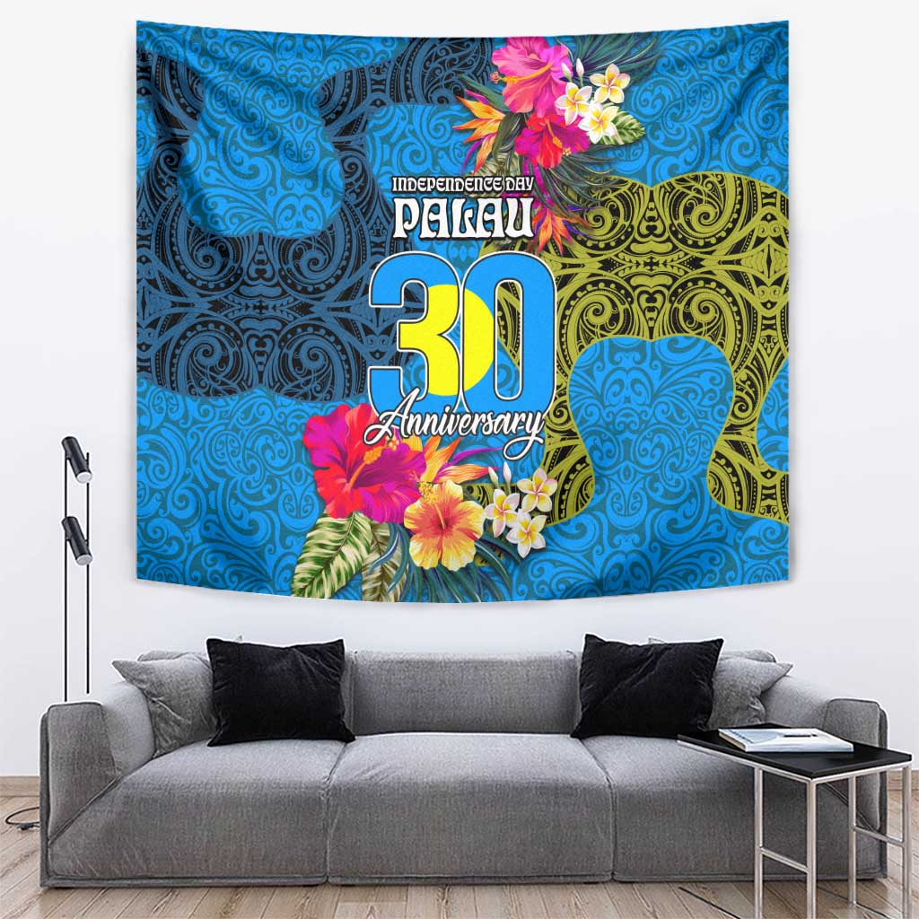 Palau Independence Day Tapestry 1st October 30th Anniversary Polynesian Jungle Flower LT03 Blue - Polynesian Pride