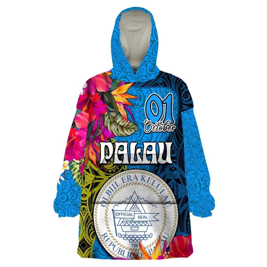 Palau Independence Day Wearable Blanket Hoodie 1st October 30th Anniversary Polynesian Jungle Flower LT03 One Size Blue - Polynesian Pride