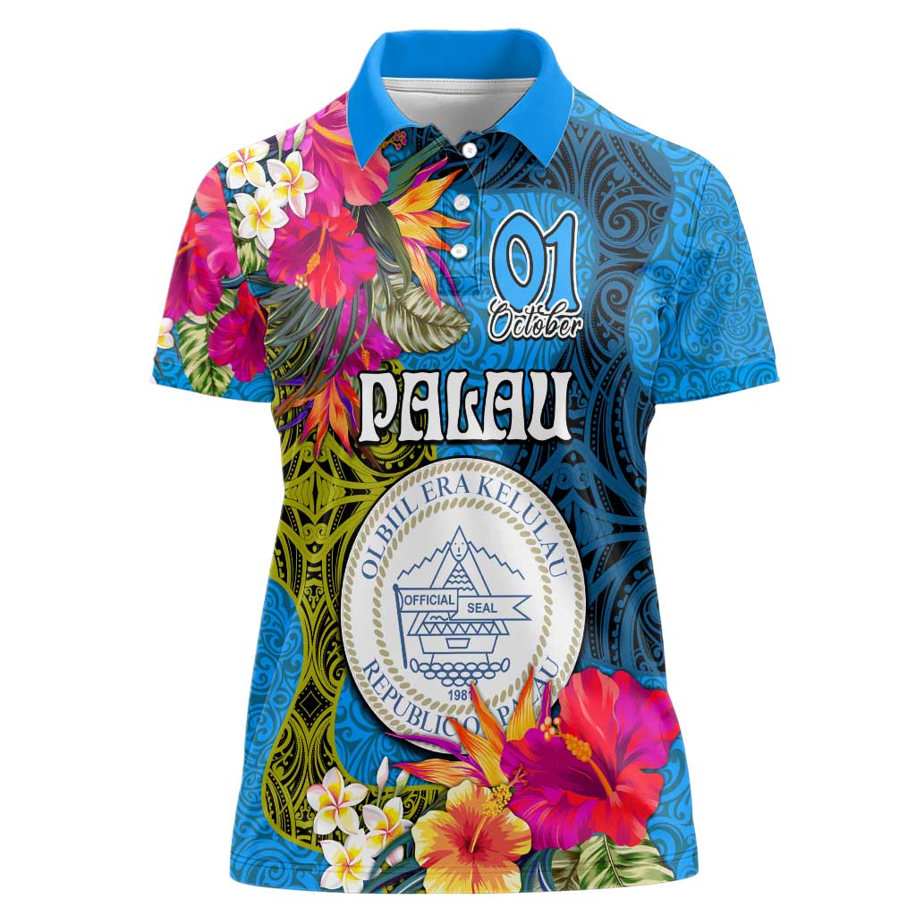 Palau Independence Day Women Polo Shirt 1st October 30th Anniversary Polynesian Jungle Flower