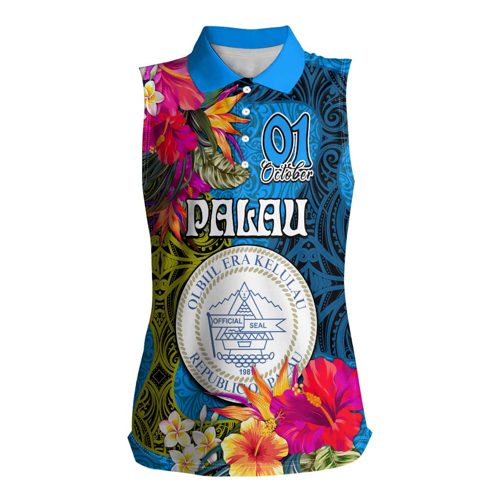 Palau Independence Day Women Sleeveless Polo Shirt 1st October 30th Anniversary Polynesian Jungle Flower