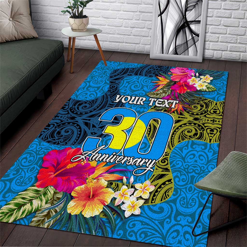 Personalised Palau Independence Day Area Rug 1st October 30th Anniversary Polynesian Jungle Flower LT03 Blue - Polynesian Pride