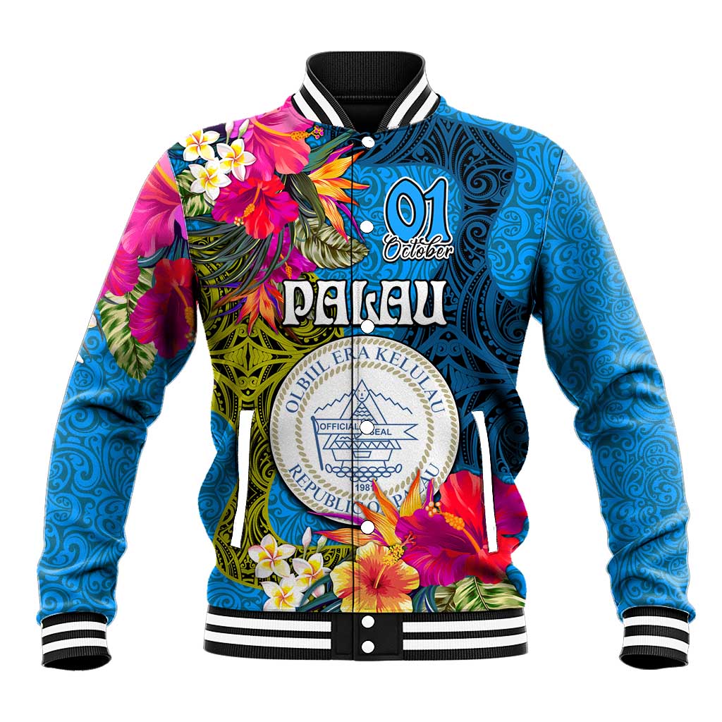 Personalised Palau Independence Day Baseball Jacket 1st October 30th Anniversary Polynesian Jungle Flower LT03 Unisex Blue - Polynesian Pride
