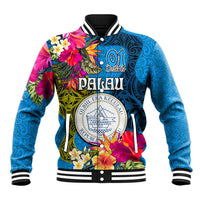 Personalised Palau Independence Day Baseball Jacket 1st October 30th Anniversary Polynesian Jungle Flower LT03 Unisex Blue - Polynesian Pride