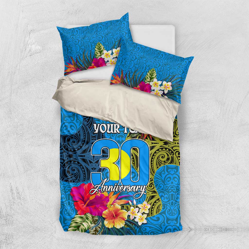 Personalised Palau Independence Day Bedding Set 1st October 30th Anniversary Polynesian Jungle Flower LT03 US Twin 172cm x 218cm Blue - Polynesian Pride