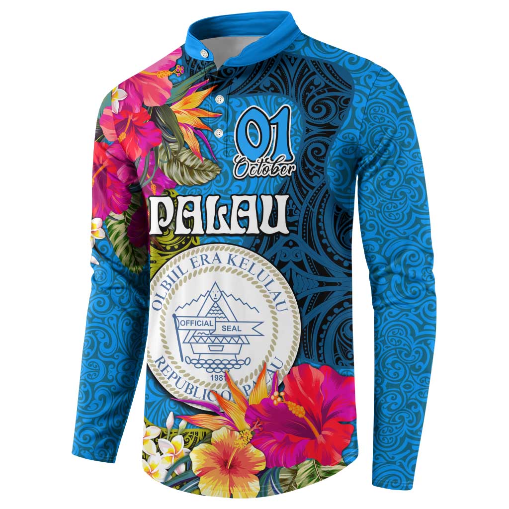 Personalised Palau Independence Day Button Sweatshirt 1st October 30th Anniversary Polynesian Jungle Flower LT03 - Polynesian Pride