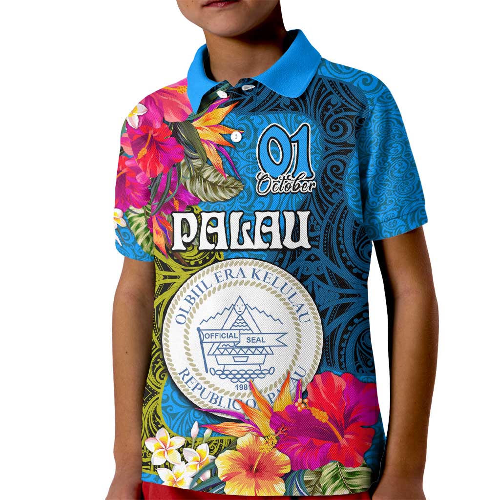 Personalised Palau Independence Day Kid Polo Shirt 1st October 30th Anniversary Polynesian Jungle Flower