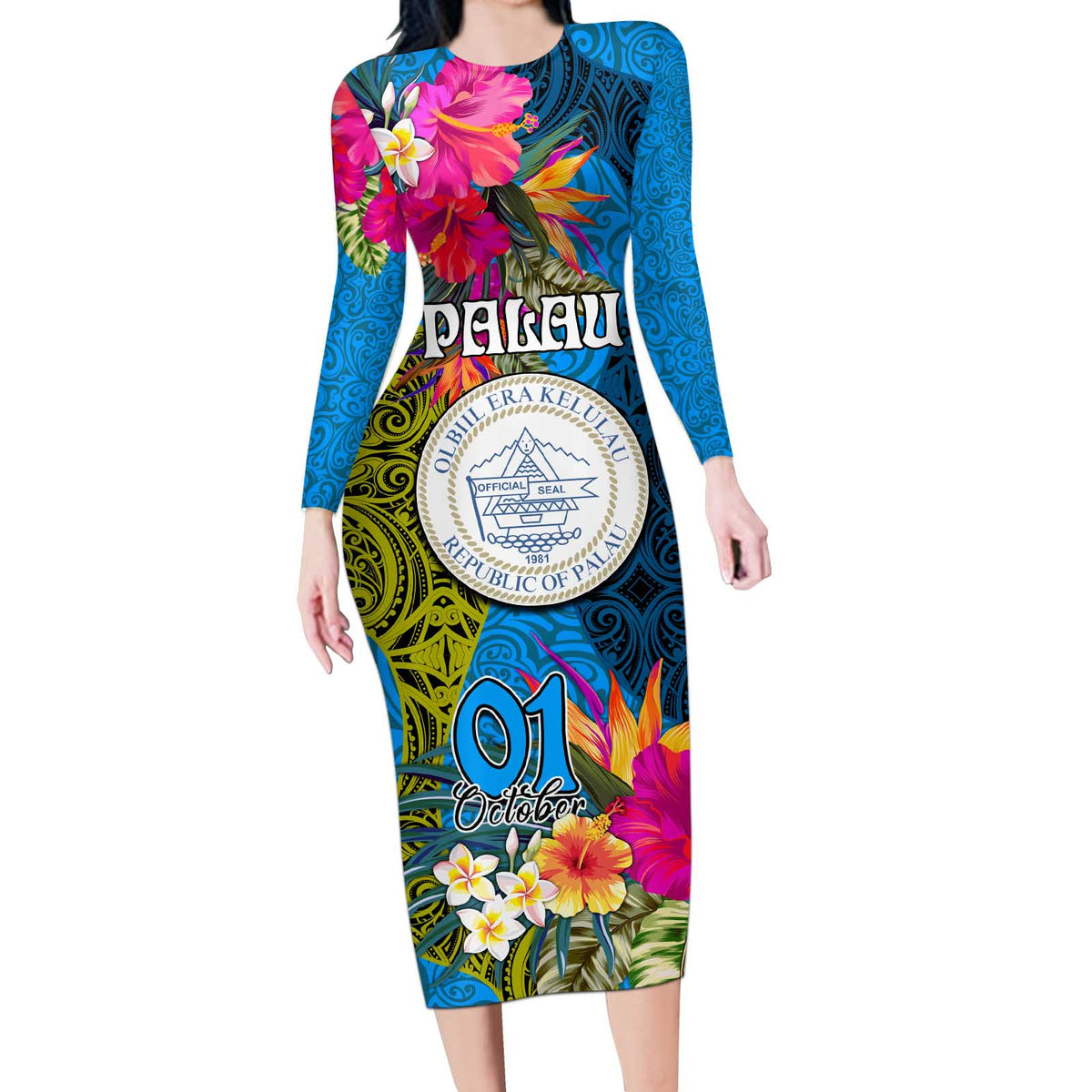 Personalised Palau Independence Day Long Sleeve Bodycon Dress 1st October 30th Anniversary Polynesian Jungle Flower LT03 Long Dress Blue - Polynesian Pride