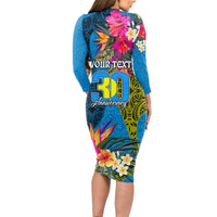 Personalised Palau Independence Day Long Sleeve Bodycon Dress 1st October 30th Anniversary Polynesian Jungle Flower LT03 - Polynesian Pride