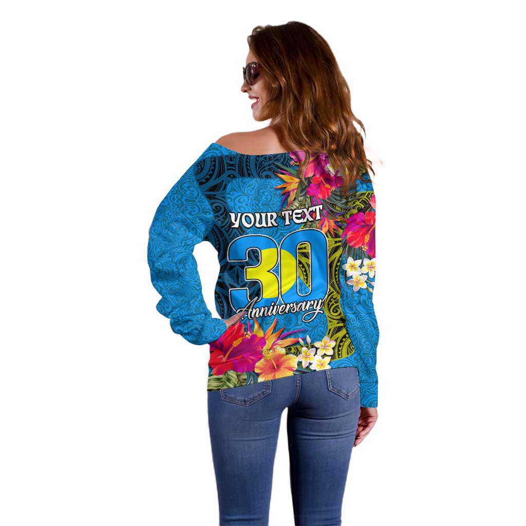 Personalised Palau Independence Day Off Shoulder Sweater 1st October 30th Anniversary Polynesian Jungle Flower LT03 - Polynesian Pride