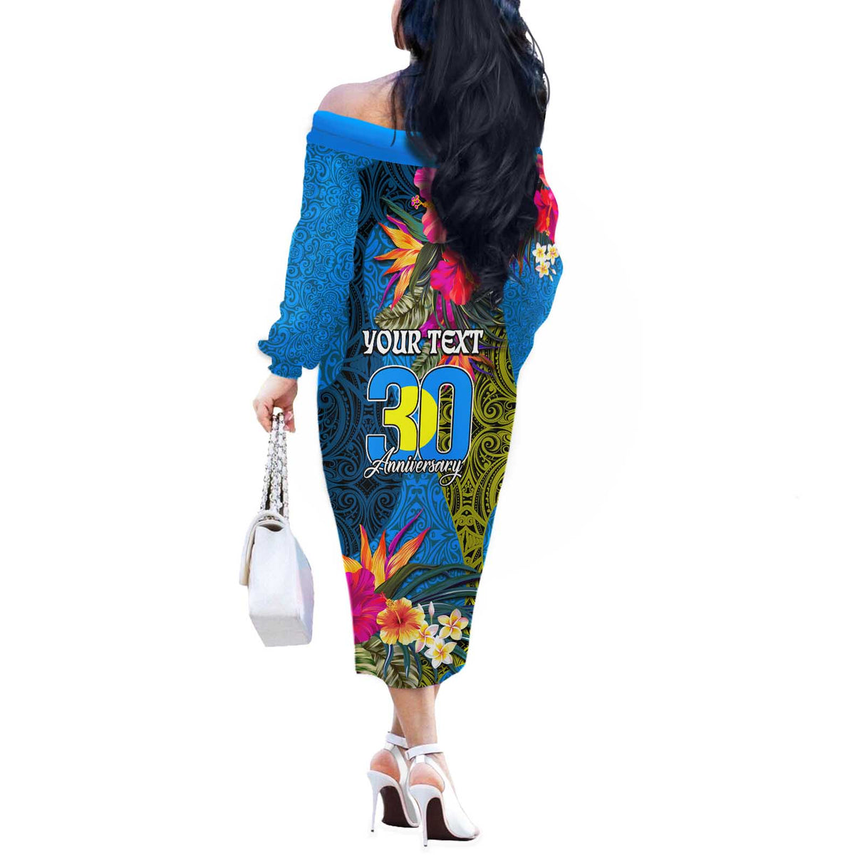 Personalised Palau Independence Day Off The Shoulder Long Sleeve Dress 1st October 30th Anniversary Polynesian Jungle Flower LT03 - Polynesian Pride
