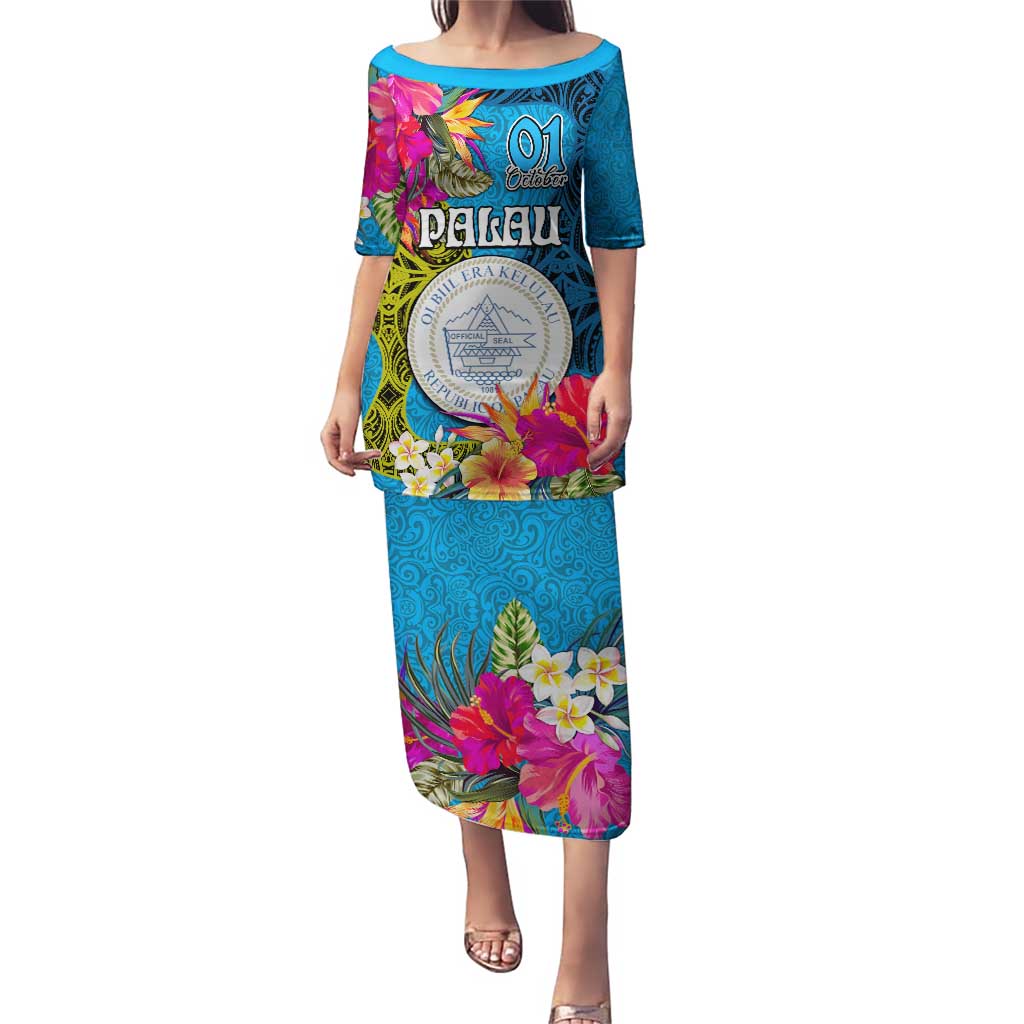 Personalised Palau Independence Day Puletasi 1st October 30th Anniversary Polynesian Jungle Flower LT03 Long Dress Blue - Polynesian Pride