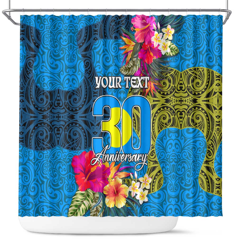 Personalised Palau Independence Day Shower Curtain 1st October 30th Anniversary Polynesian Jungle Flower LT03 Blue - Polynesian Pride