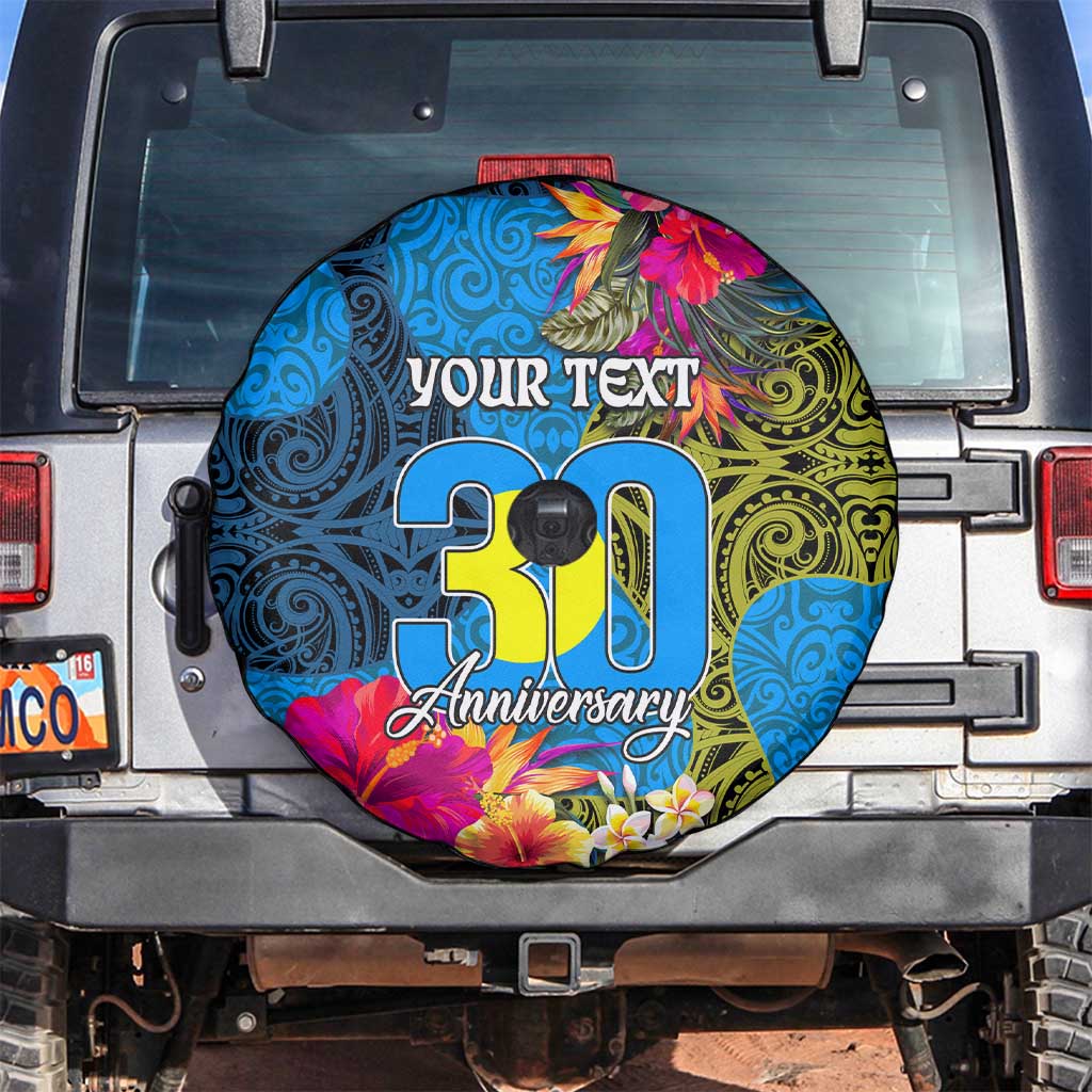 Personalised Palau Independence Day Spare Tire Cover 1st October 30th Anniversary Polynesian Jungle Flower LT03 Blue - Polynesian Pride
